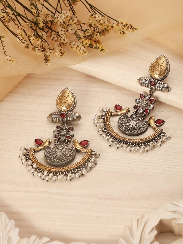 Silver Oxidised Dual Toned Bird Motif Tribal Boho Look Lightweight Chandbali Dangler Earrings : SJER2610