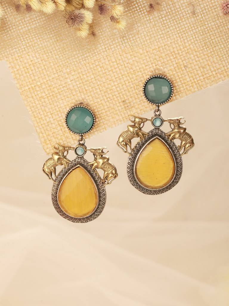 Silver Oxidised Yellow Stone Studded Bull Motif Statement Chandbali Earrings : SJER2611
