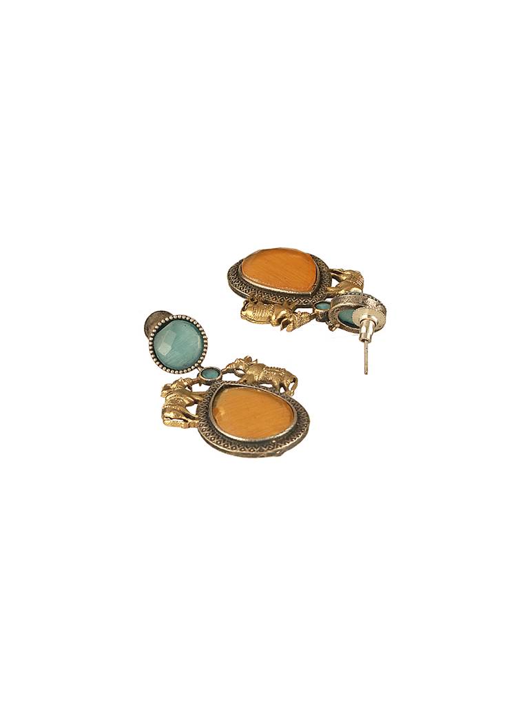 Silver Oxidised Yellow Stone Studded Bull Motif Statement Chandbali Earrings : SJER2611
