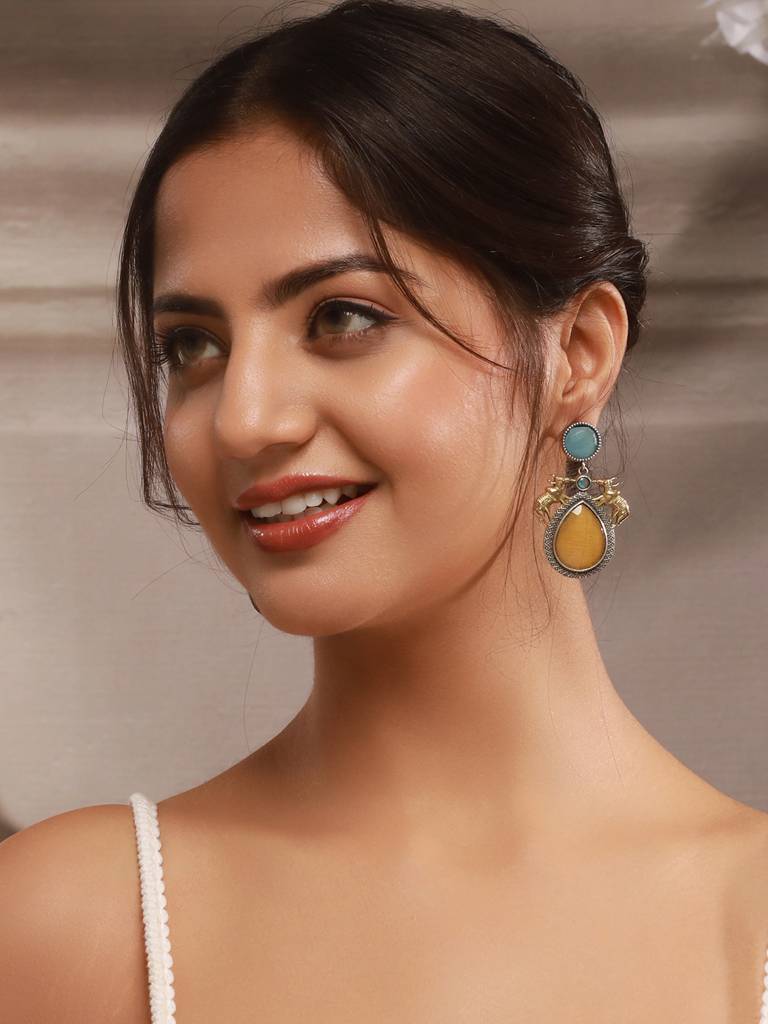 Silver Oxidised Yellow Stone Studded Bull Motif Statement Chandbali Earrings : SJER2611