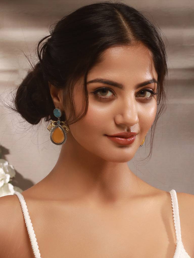 Silver Oxidised Yellow Stone Studded Bull Motif Statement Chandbali Earrings : SJER2611