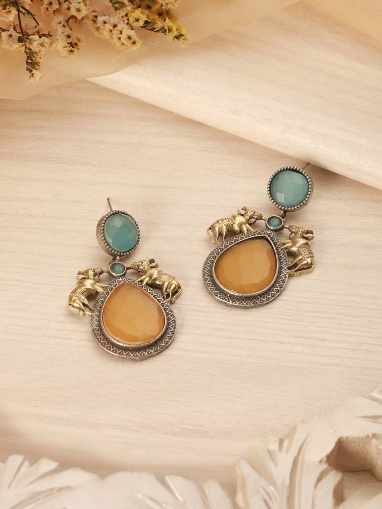 Silver Oxidised Yellow Stone Studded Bull Motif Statement Chandbali Earrings : SJER2611