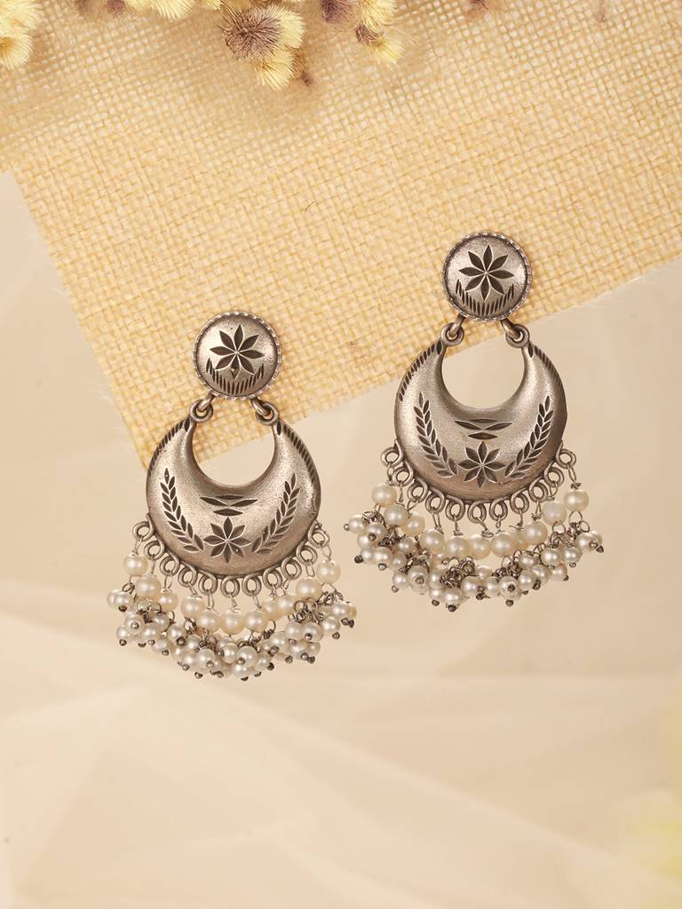 Oxidised Silver Lookalike Pearl Beaded Tribal  Lightweight Chandbali Earrings : SJER2612