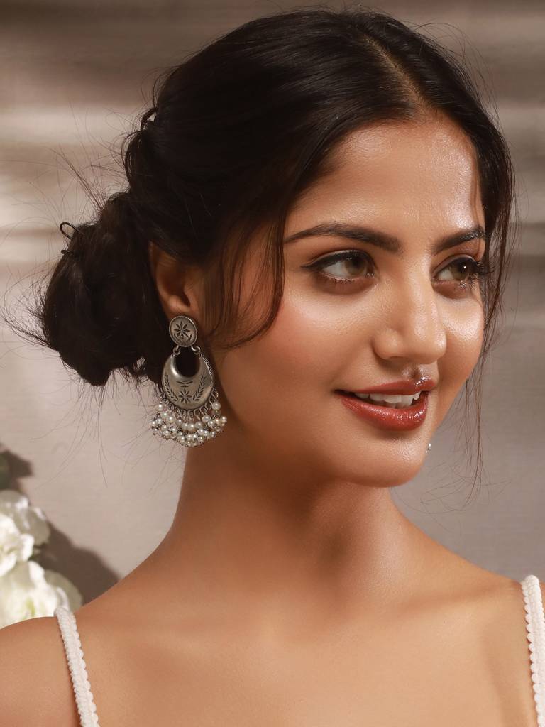 Oxidised Silver Lookalike Pearl Beaded Tribal  Lightweight Chandbali Earrings : SJER2612