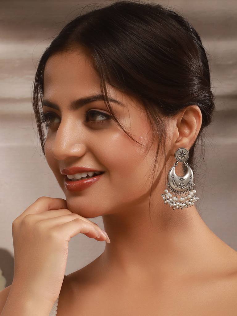 Oxidised Silver Lookalike Pearl Beaded Tribal  Lightweight Chandbali Earrings : SJER2612