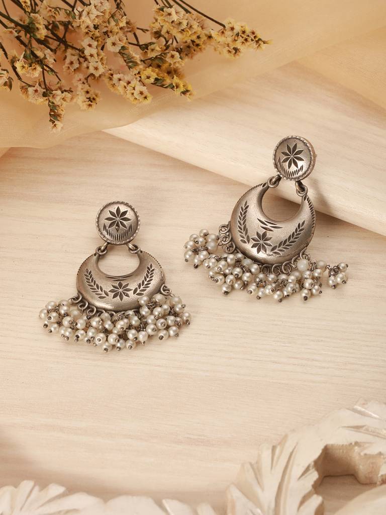 Oxidised Silver Lookalike Pearl Beaded Tribal  Lightweight Chandbali Earrings : SJER2612