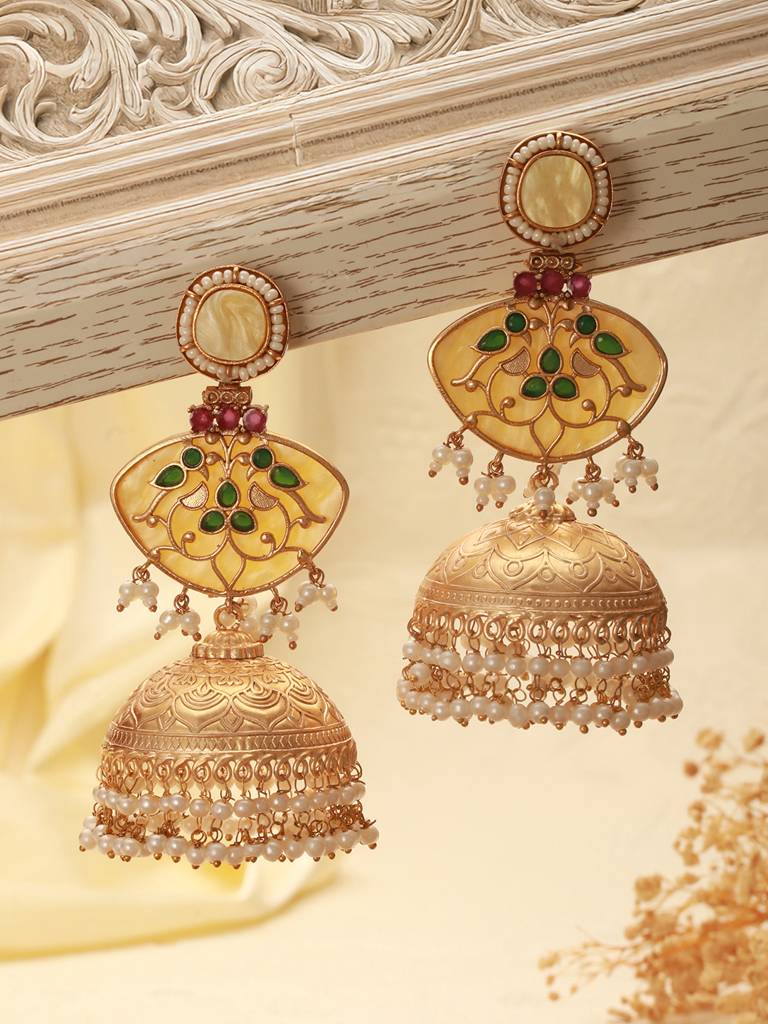 Gold Toned Pearl Beaded Fusion Statement  Lightweight Designer Jhumka Earrings : SJER2615