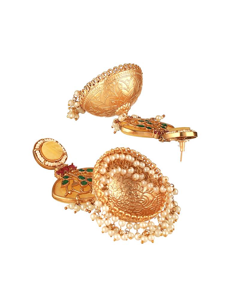 Gold Toned Pearl Beaded Fusion Statement  Lightweight Designer Jhumka Earrings : SJER2615