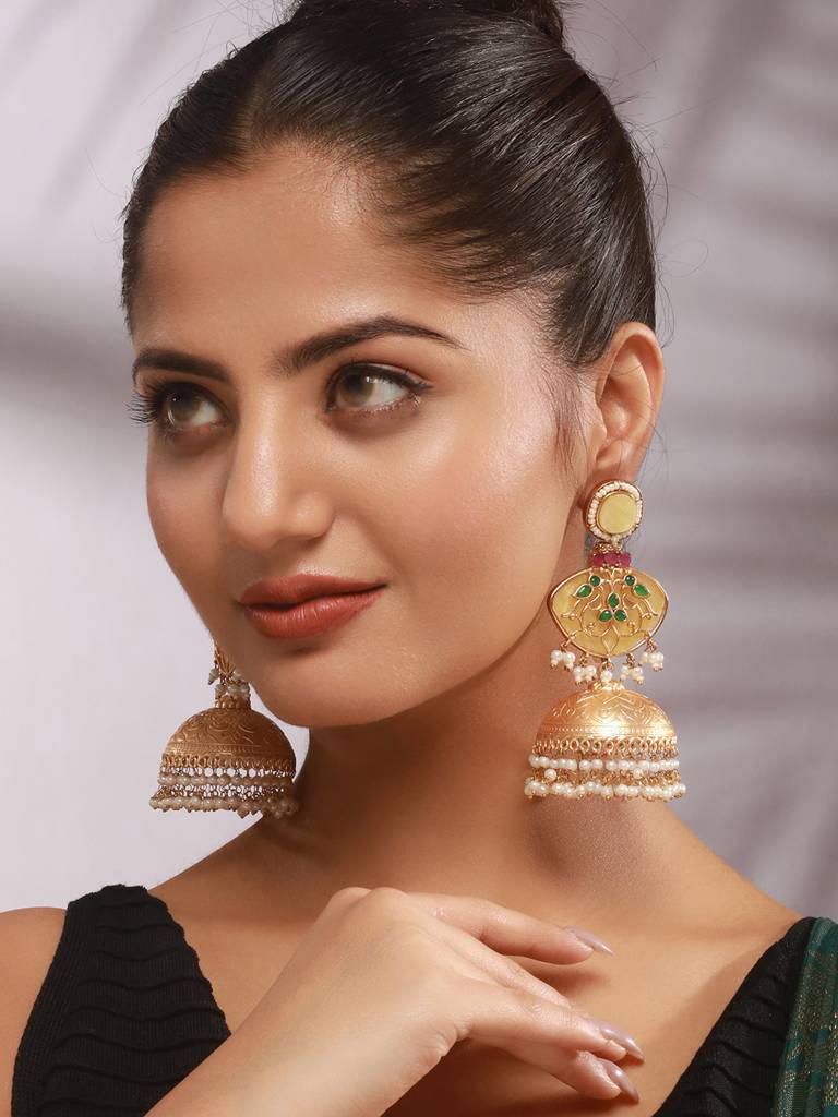 Gold Toned Pearl Beaded Fusion Statement  Lightweight Designer Jhumka Earrings : SJER2615