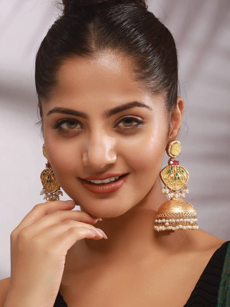 Gold Toned Pearl Beaded Fusion Statement  Lightweight Designer Jhumka Earrings : SJER2615