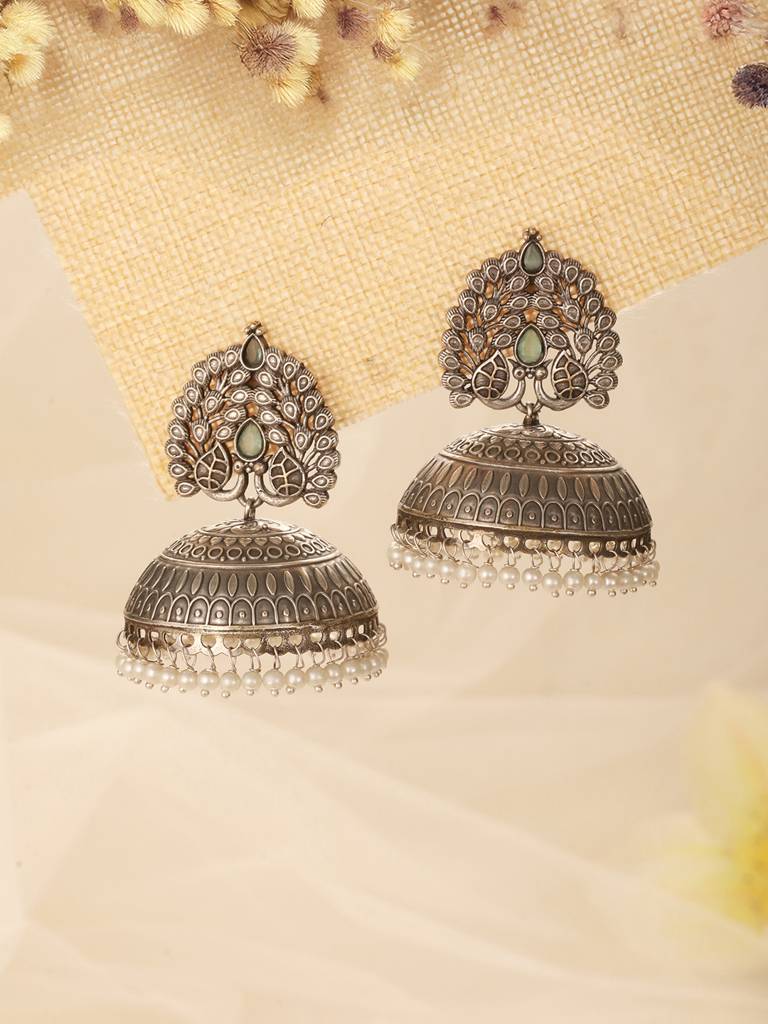 Silver Oxidised Pearl Beaded  Filigree Tribal Large Jhumka Earrings : SJER2616
