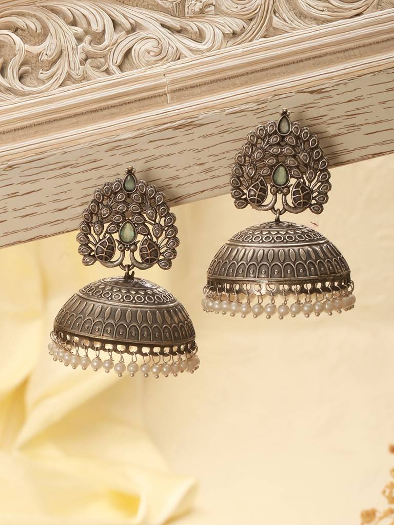 Silver Oxidised Pearl Beaded  Filigree Tribal Large Jhumka Earrings : SJER2616