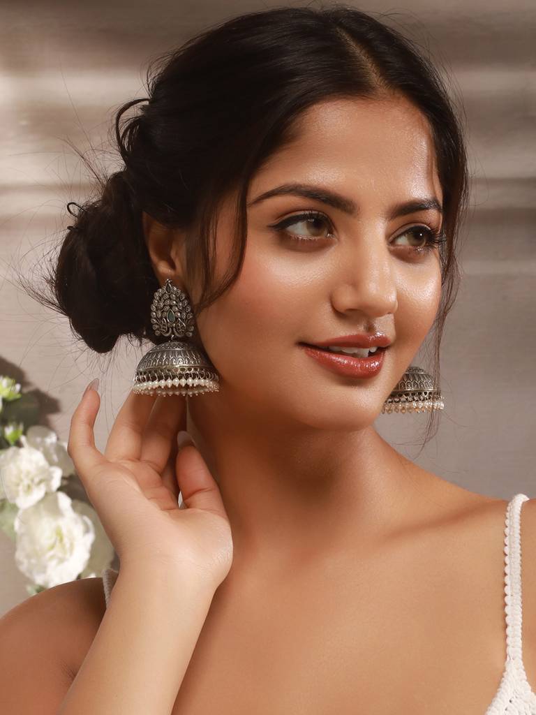 Silver Oxidised Pearl Beaded  Filigree Tribal Large Jhumka Earrings : SJER2616