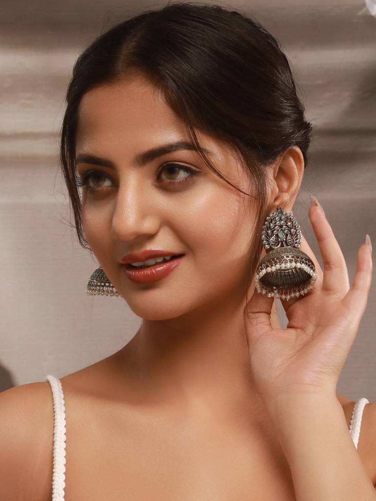 Silver Oxidised Pearl Beaded  Filigree Tribal Large Jhumka Earrings : SJER2616