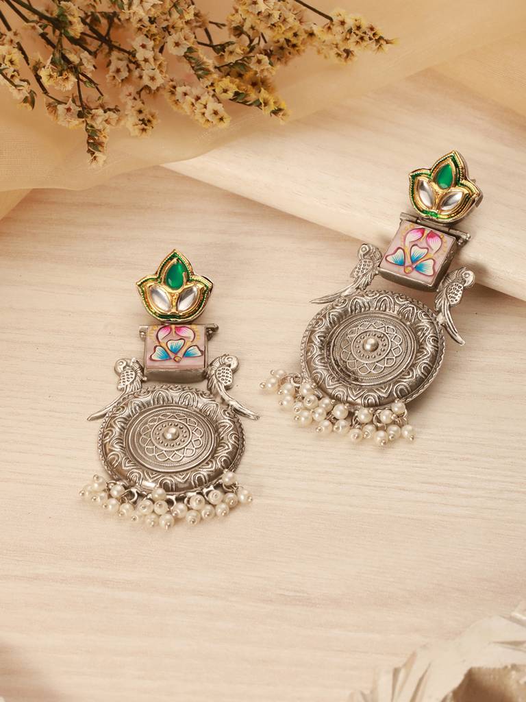 Silver Oxidised Kundan Studded & Enamelled Fusion Statement Long Earrings : SJER2617