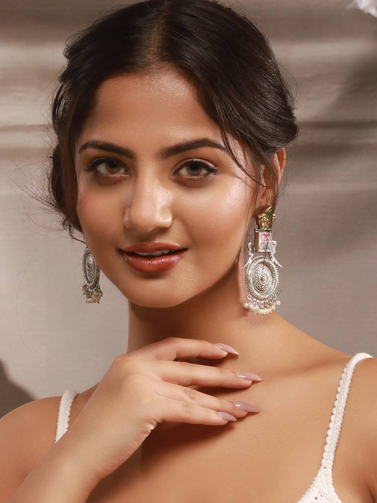 Silver Oxidised Kundan Studded & Enamelled Fusion Statement Long Earrings : SJER2617