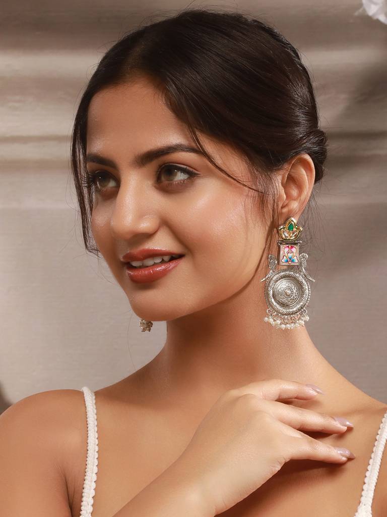 Silver Oxidised Kundan Studded & Enamelled Fusion Statement Long Earrings : SJER2617