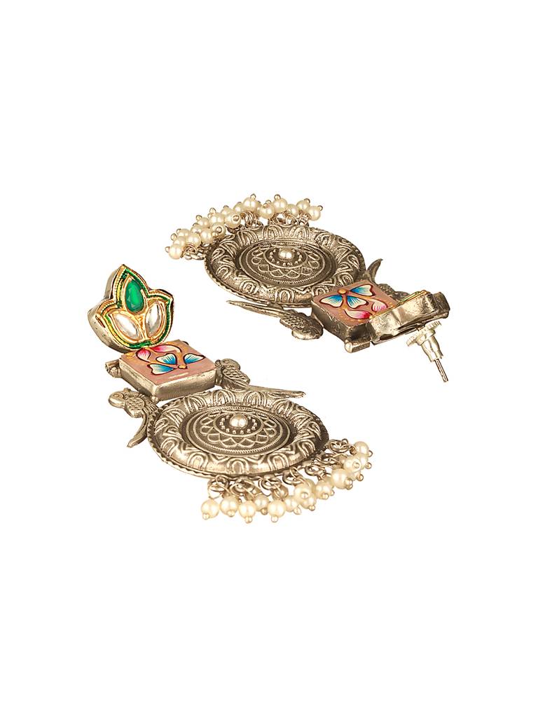 Silver Oxidised Kundan Studded & Enamelled Fusion Statement Long Earrings : SJER2617