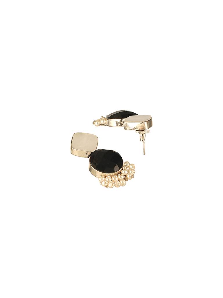 Silver Oxidised Black Stone Studded Pearl Beaded Minimal  Drop Earrings : SJER2618