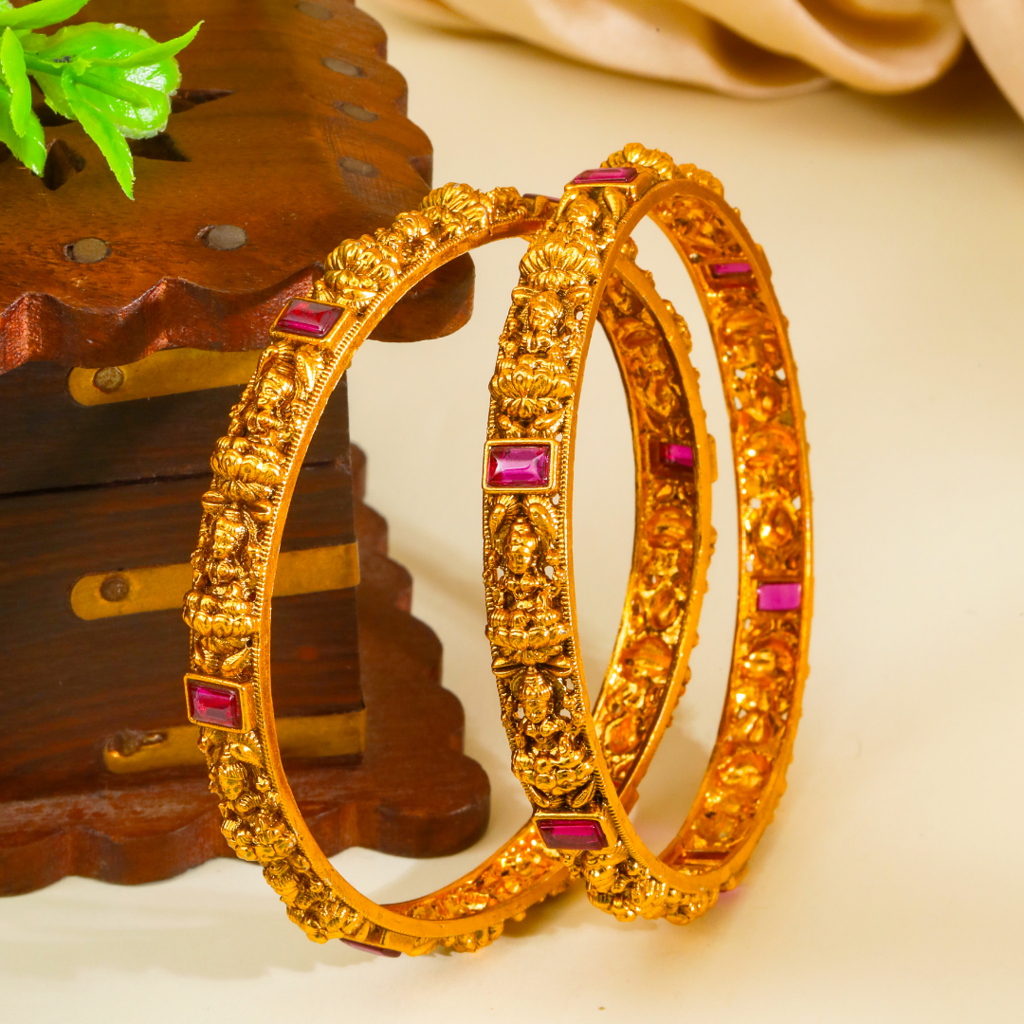 Antique Lakshmi Baguette Ruby Paired Bangle Set | 1 Gram Gold-Plated : V-2392