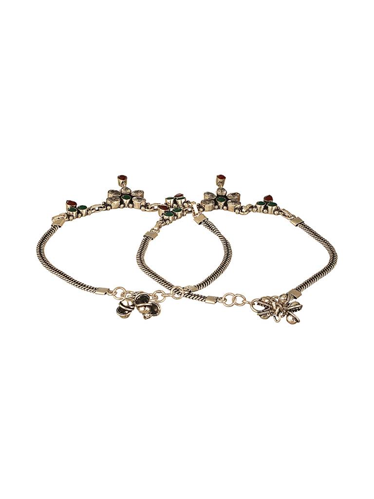 Oxidised Silver Lookalike Red Stone Studded Bridal Floral Anklet Payal : SJPL2620