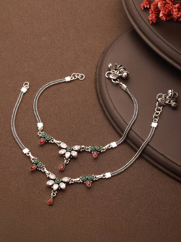 Oxidised Silver Lookalike Red Stone Studded Bridal Floral Anklet Payal : SJPL2620