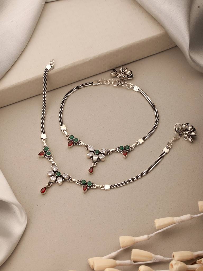 Oxidised Silver Lookalike Red Stone Studded Bridal Floral Anklet Payal : SJPL2620