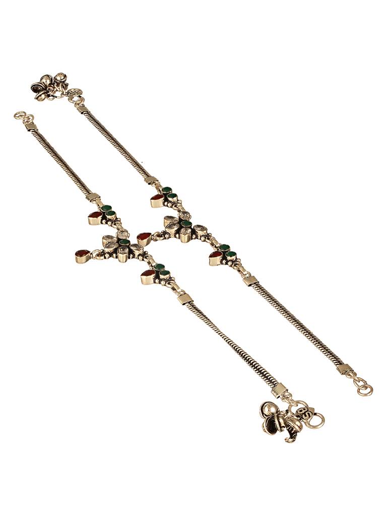 Oxidised Silver Lookalike Red Stone Studded Bridal Floral Anklet Payal : SJPL2620
