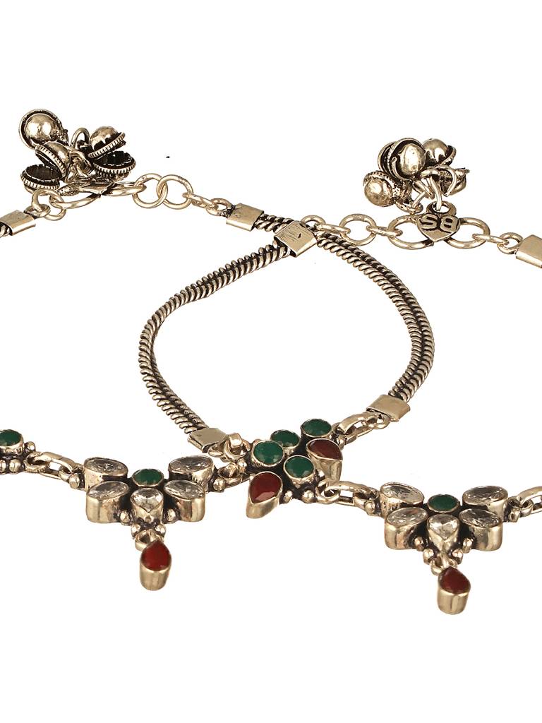 Oxidised Silver Lookalike Red Stone Studded Bridal Floral Anklet Payal : SJPL2620