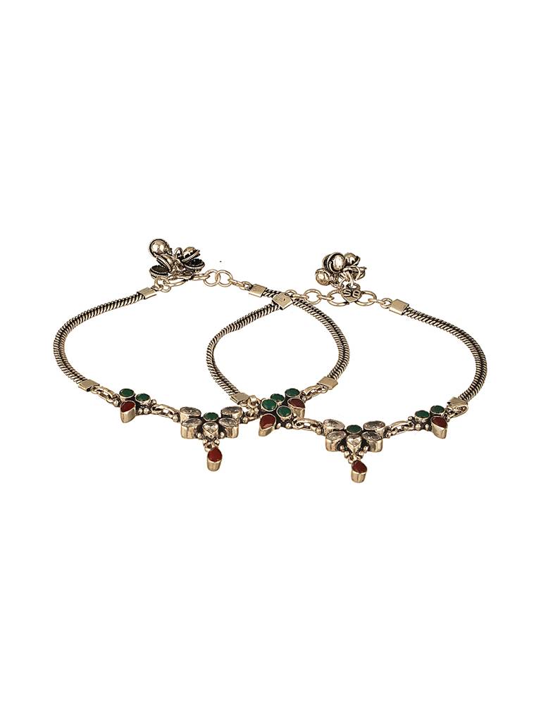 Oxidised Silver Lookalike Red Stone Studded Bridal Floral Anklet Payal : SJPL2620