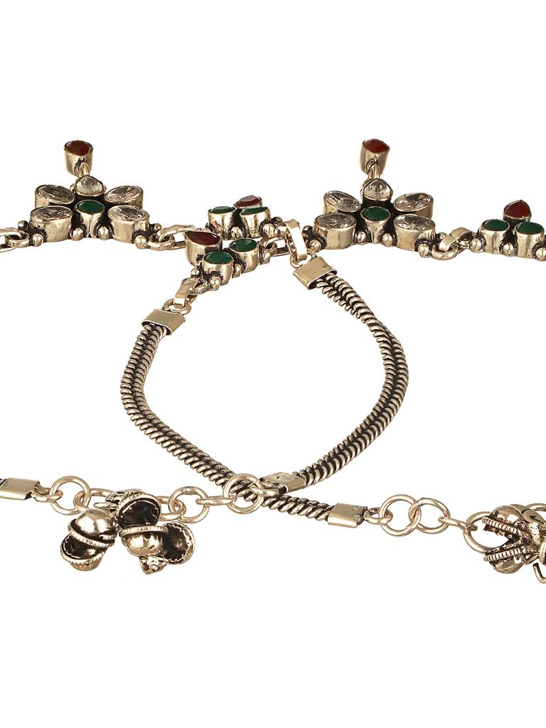 Oxidised Silver Lookalike Red Stone Studded Bridal Floral Anklet Payal : SJPL2620