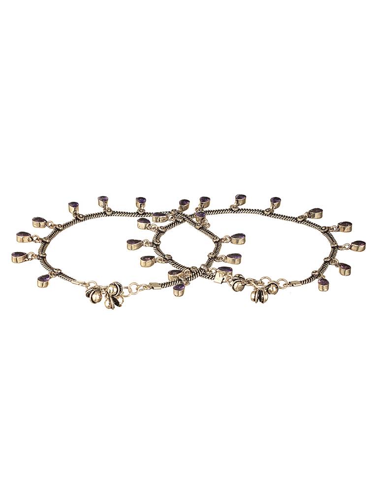 Oxidised Silver Lookalike Lavender Charms Payal Anklet : SJPL2621