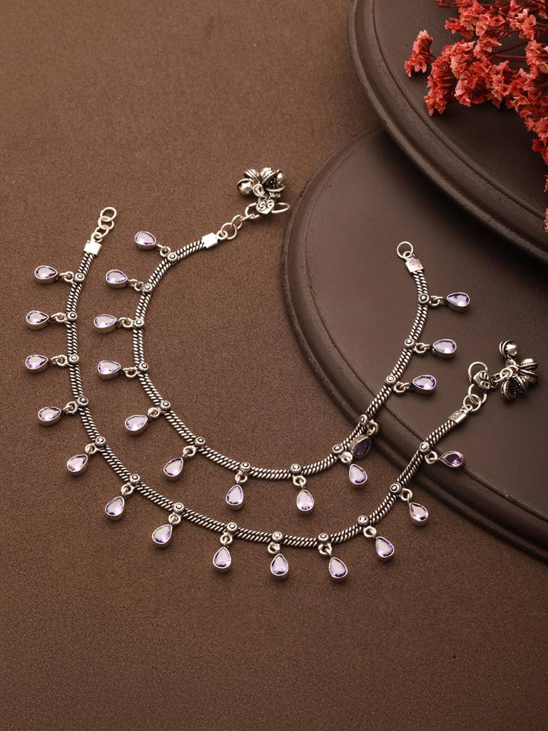 Oxidised Silver Lookalike Lavender Charms Payal Anklet : SJPL2621
