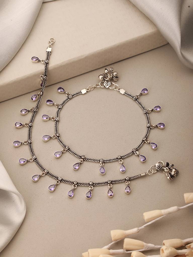 Oxidised Silver Lookalike Lavender Charms Payal Anklet : SJPL2621