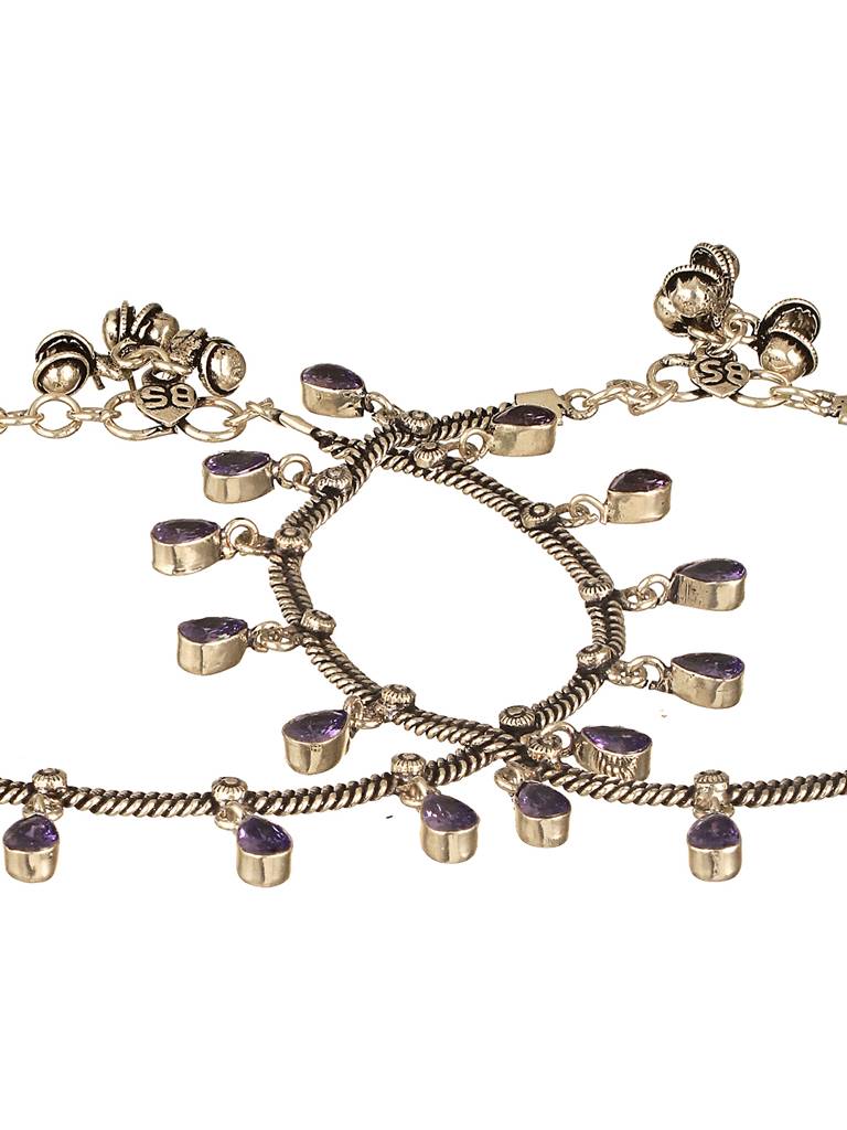 Oxidised Silver Lookalike Lavender Charms Payal Anklet : SJPL2621