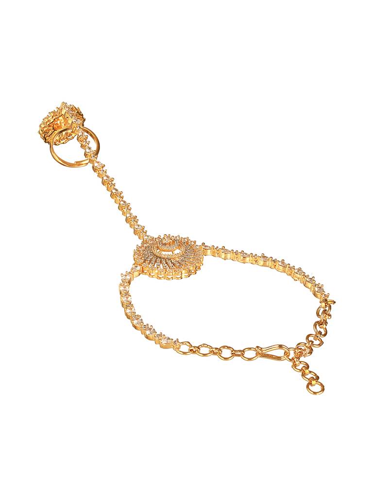 Gold Toned Cz Zircon Studded Designer Bridal Ring Bracelet Hathphool : SJHP2622