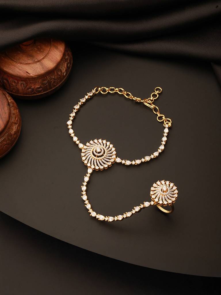 Gold Toned Cz Zircon Studded Designer Bridal Ring Bracelet Hathphool : SJHP2622
