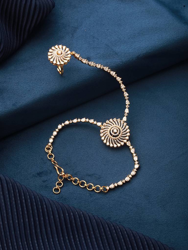 Gold Toned Cz Zircon Studded Designer Bridal Ring Bracelet Hathphool : SJHP2622