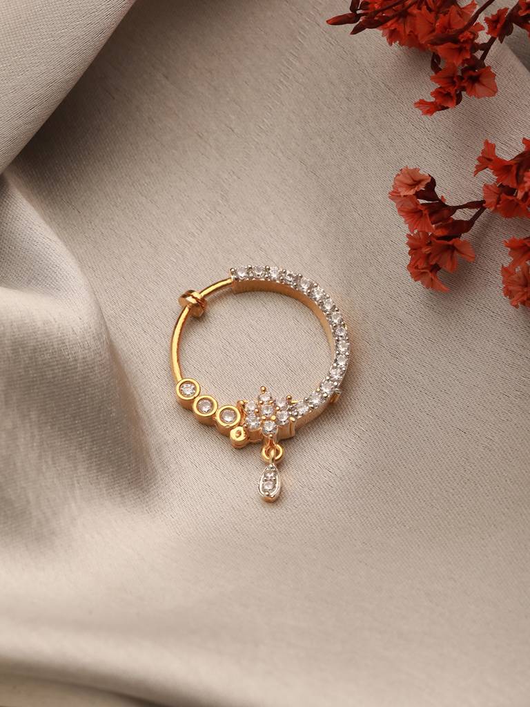 Gold Toned Ad Zircon Studded Floral Designer Spring Nath : SJNT2623