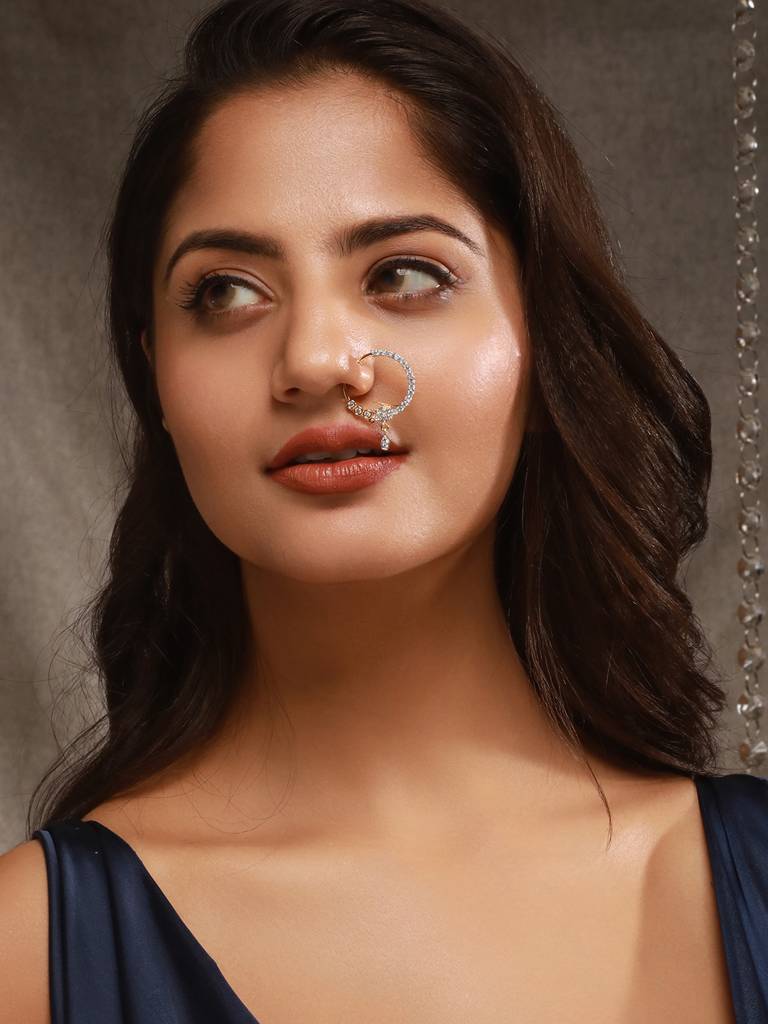 Gold Toned Ad Zircon Studded Floral Designer Spring Nath : SJNT2623