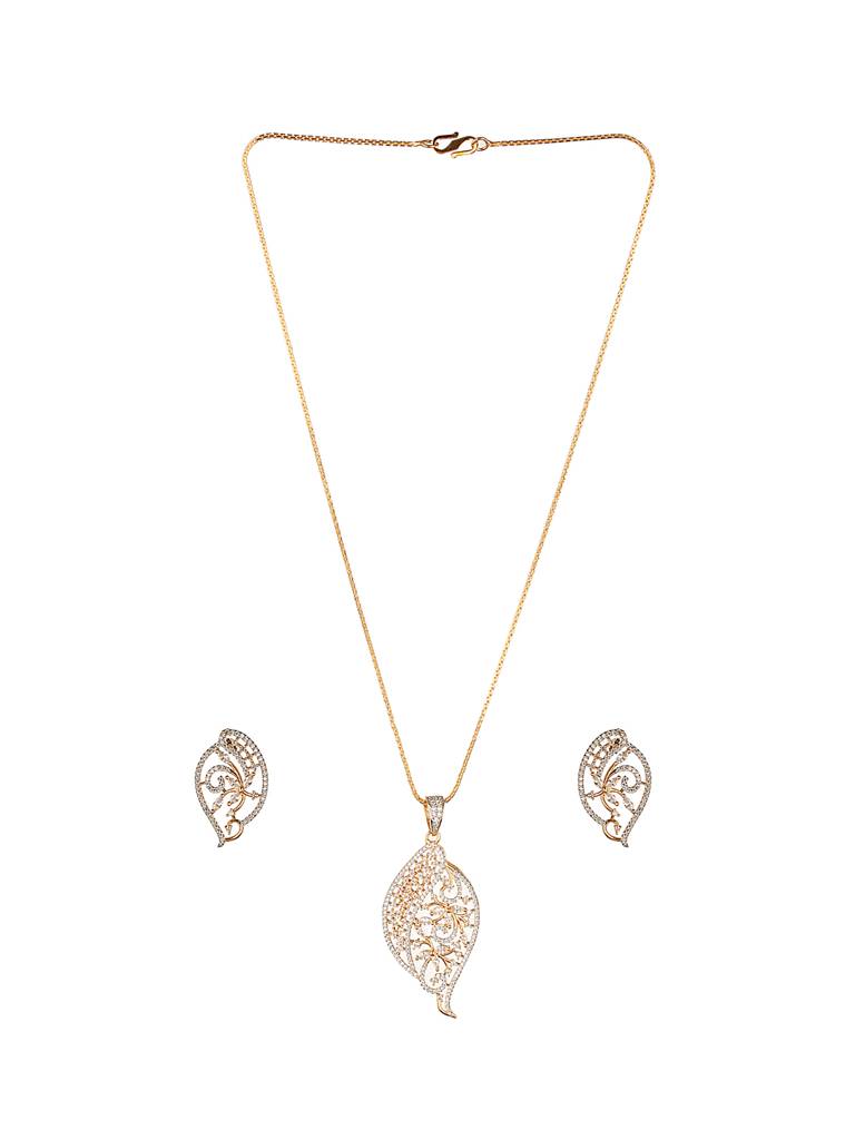 Gold Toned Ad Zircon Studded Designer Floral Pendant Necklace Jewellery Set : SJLK2624