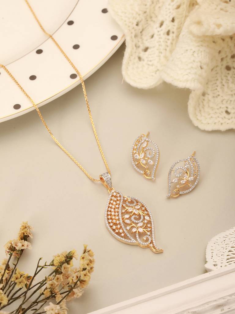 Gold Toned Ad Zircon Studded Designer Floral Pendant Necklace Jewellery Set  Brass Free Size Gold
