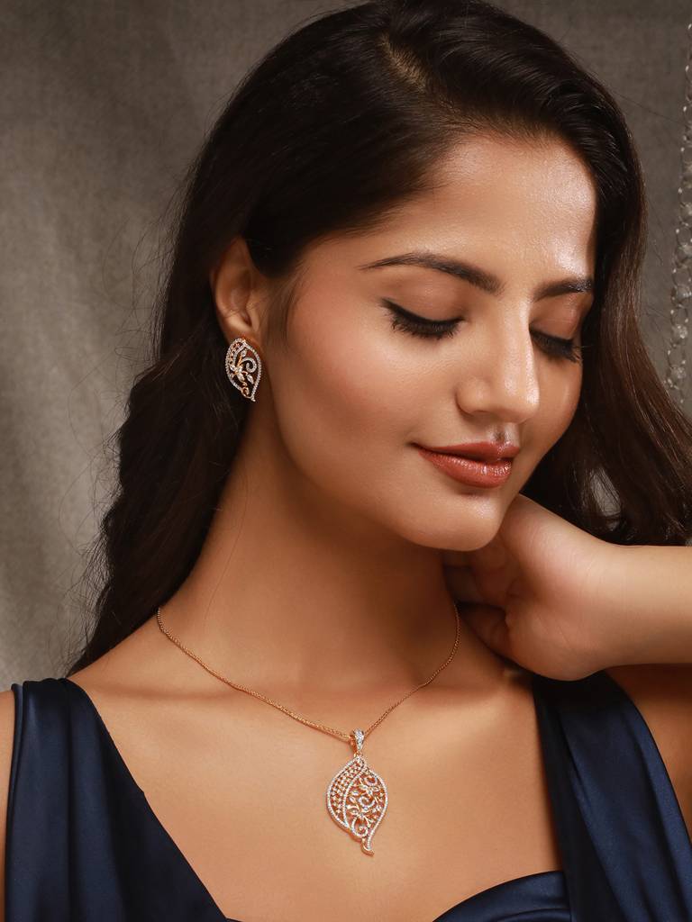 Gold Toned Ad Zircon Studded Designer Floral Pendant Necklace Jewellery Set : SJLK2624