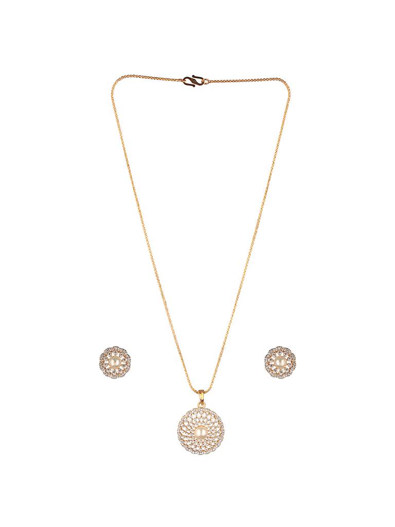 Gold Toned Ad Zircon Studded Pearl Beaded Designer Pendant Chain Jewellery Set : SJLK2625