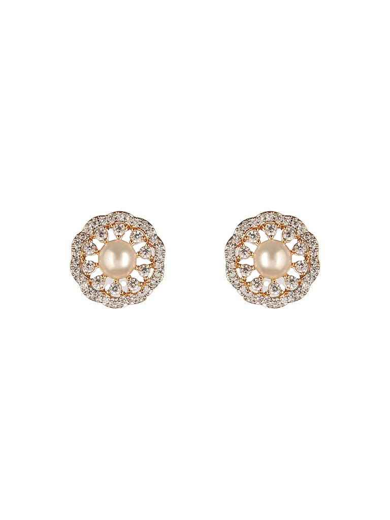 Gold Toned Ad Zircon Studded Pearl Beaded Designer Pendant Chain Jewellery Set : SJLK2625