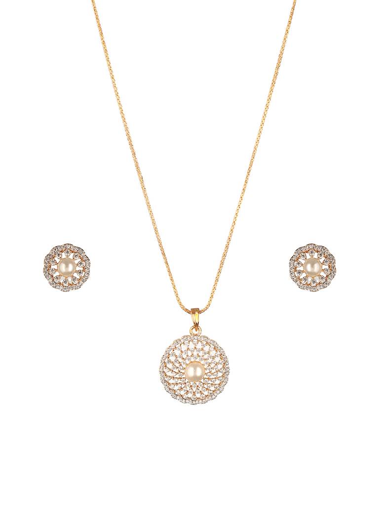 Gold Toned Ad Zircon Studded Pearl Beaded Designer Pendant Chain Jewellery Set : SJLK2625