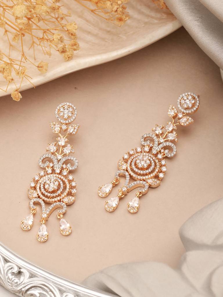 Gold Toned Ad Zircon Studded Designer Chandelier Statement Earrings : SJER2626