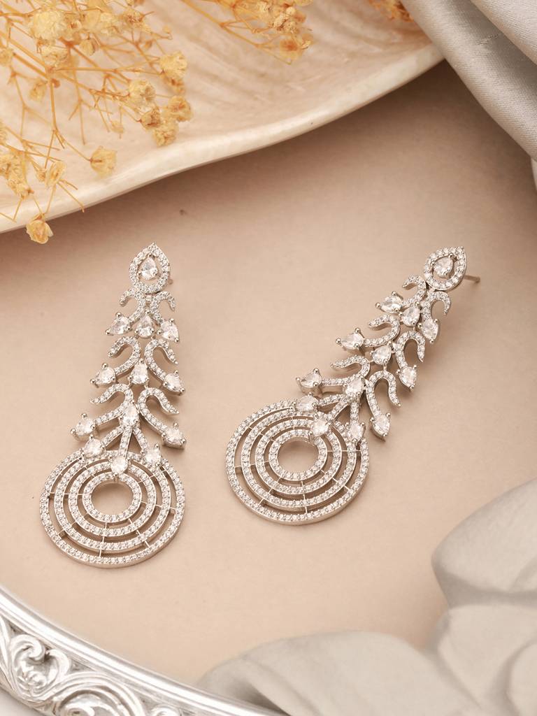 Silver Toned Ad Zircon Studded Designer Spiral Long Earrings : SJER2627