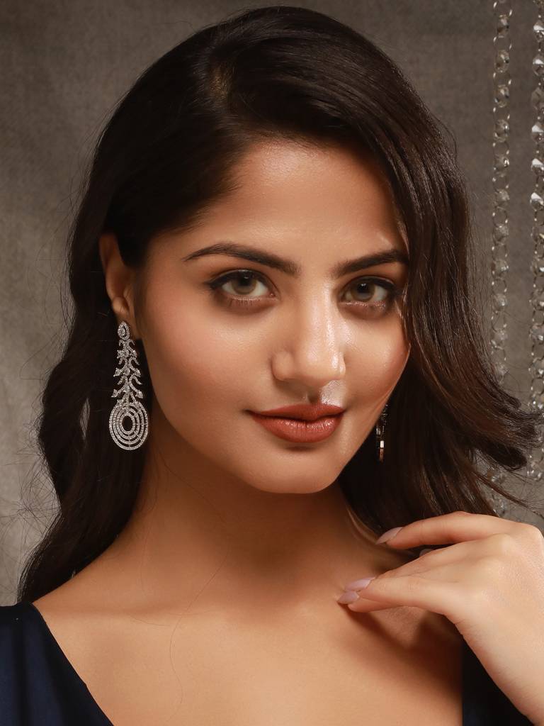 Silver Toned Ad Zircon Studded Designer Spiral Long Earrings : SJER2627