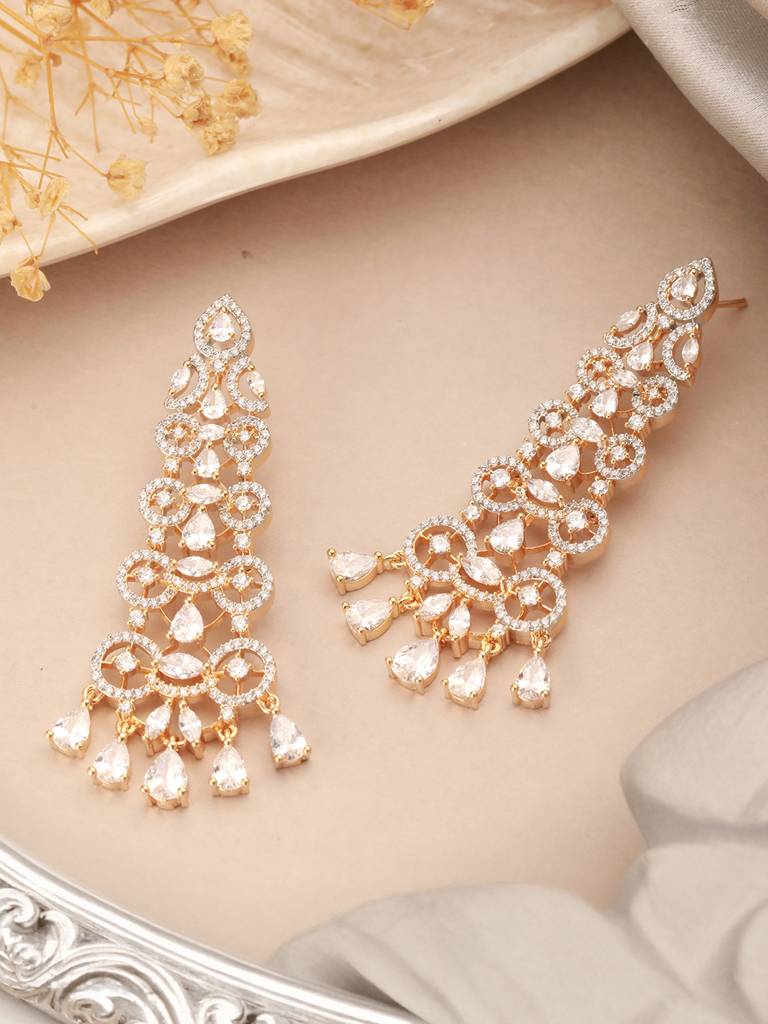 Gold Toned Ad Zircon Studded Designer Dangler Partywear Earrings : SJER2628